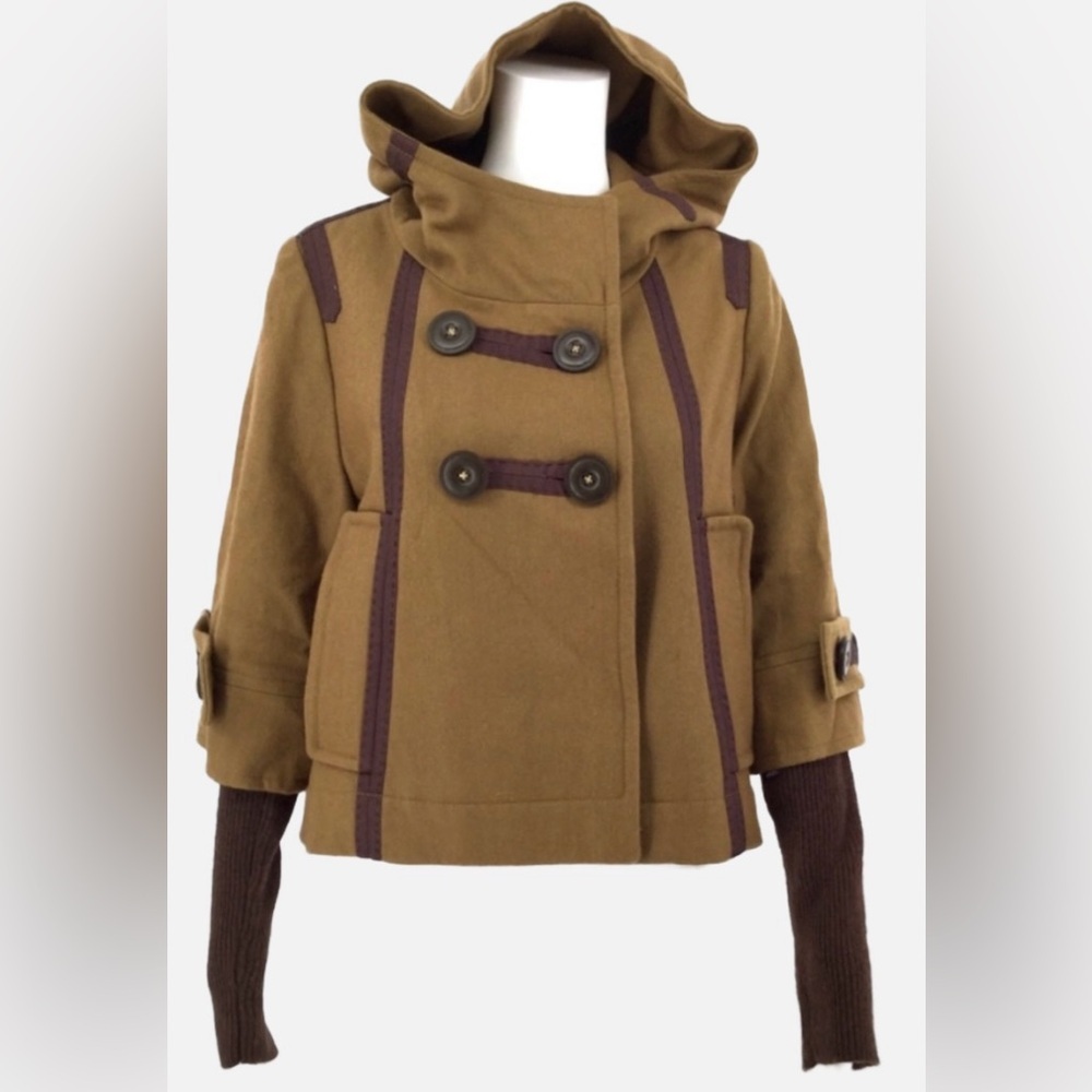 Miss Me Brown Hooded Short Peacoat with Dark Brown Trim